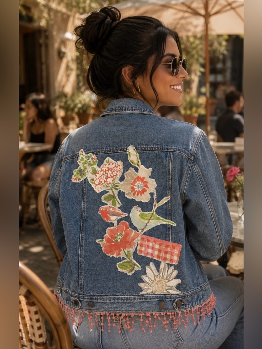 Upcycled Denim Jean Jacket w/ Flowers Birds Theme. Stitched Patches, Frayed. L.